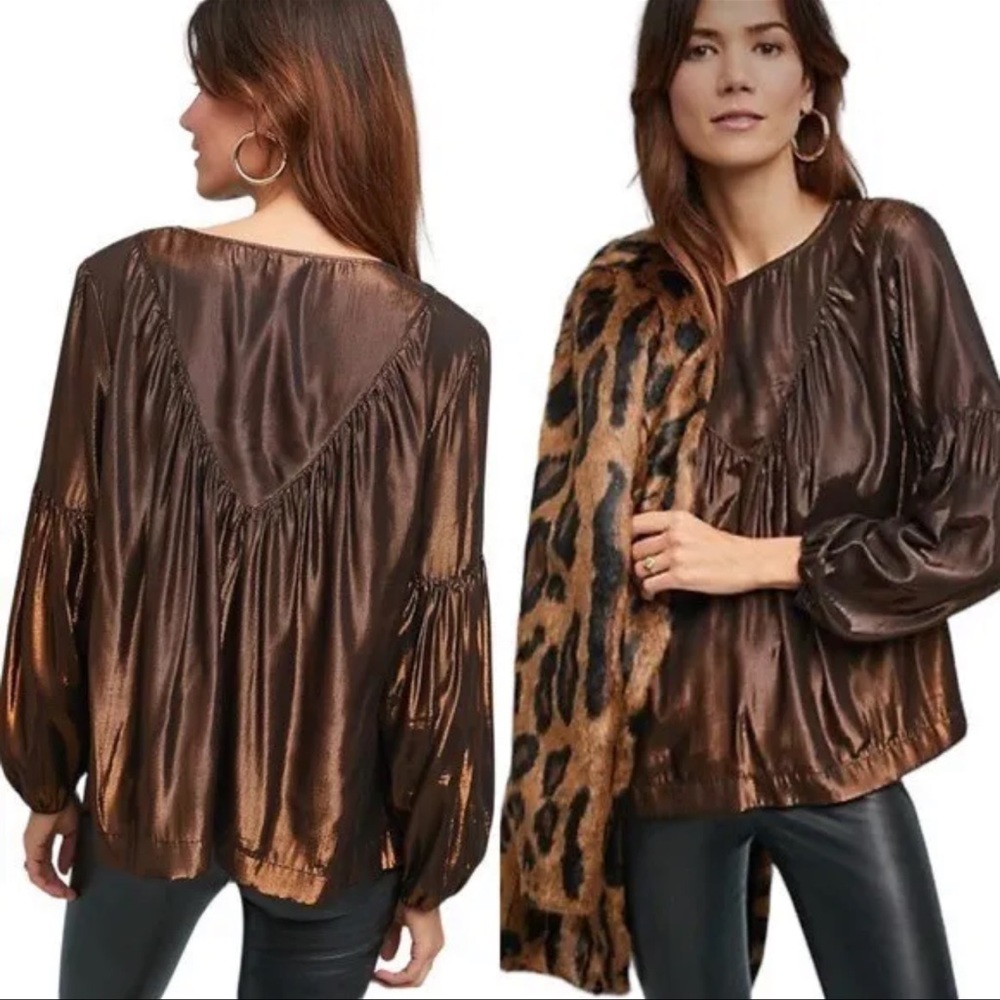 Anthropologie Amadi Merry Metallic Blouse XS Copper Black Shimmer Poet Sleeve